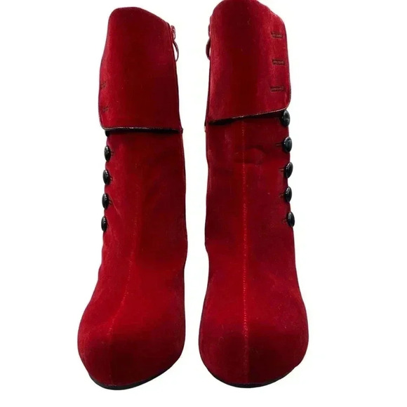 Red Velvet Button-Up Ankle‎ Boots With Fold-Over Design & Stiletto Heels Size 39 - Picture 1 of 16